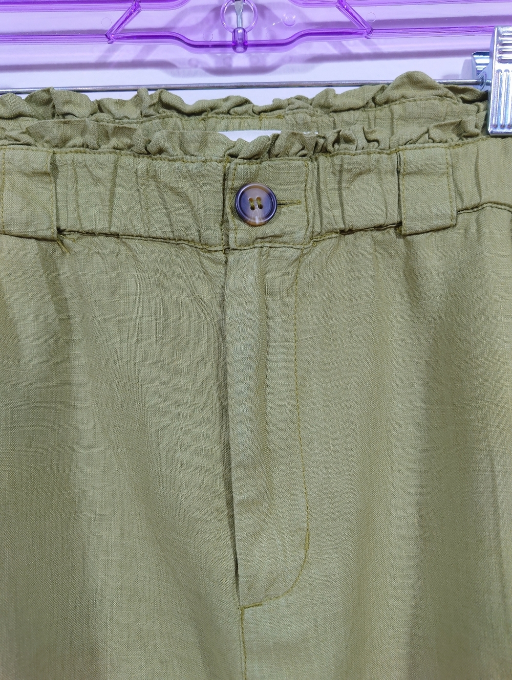 C&C California Linen Pants Women L Olive Green Paperbag Waist Relaxed Fit - Picture 3 of 6